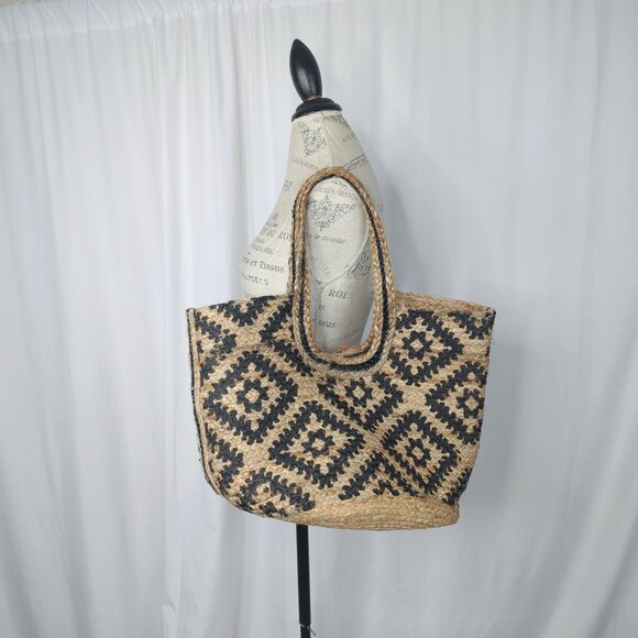 Free People Jute Bag Shoulder Straw Tan Black Handmade - Picture 1 of 11
